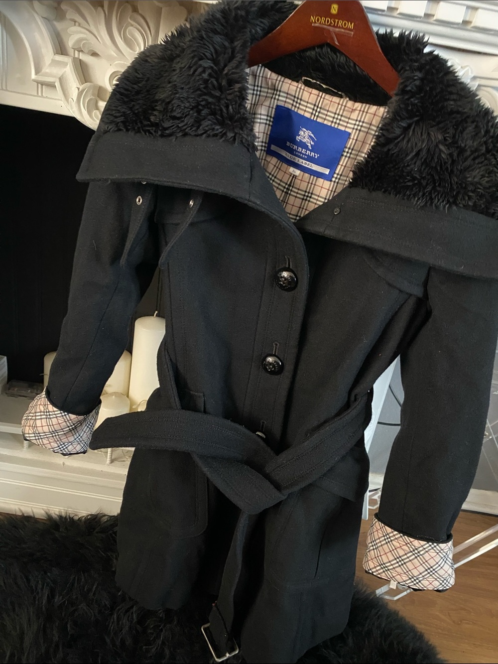 Burberry Black Trench Coat with Faux Fur Collar
